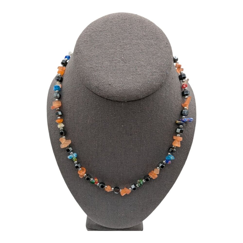 Handcrafted Beaded Necklace With Multicolored Glass, Stones, & Geometric Beads